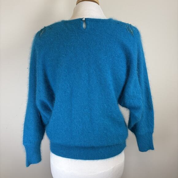 Lord & Taylor 80s Angora Teal Beaded Floral Fuzzy Sweater M - Picture 6 of 15